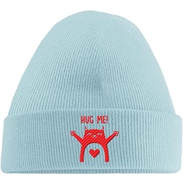 Hippowarehouse Hug me - Cat Embroidered Beanie Hat Blue with Red Stitch