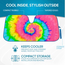 BDK Colorful Rainbow Tie Dye Windshield Sunshade for Cars - Multi-Colored Double Bubble Accordion Folding Sun Shade for Car Truck SUV – Car Sun Visor Protector to Keep Your Vehicle Cool - 58 x 27