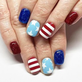 Independence Day Short Square Press on Nails 4th of July Red Blue Fake Nails with Star Full Cover Glue on Nails Patriotic 4th of July Acrylic Nails Glossy Design Artificial False Nails for Women 24Pcs