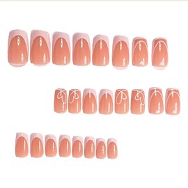 Square Press on Nails Medium Fake Nails White French Tip False Nails with Heart Stripes Design Glue on Nails Glossy Full Cover Stick on Nails Reusable Acrylic Nails Kit for Women Manicure 24Pcs