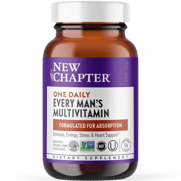 New Chapter Men's Multivitamin for Immune, Stress, Heart + Energy Support with 20 Fermented Nutrients - Every Man's One Daily, Gentle on The Stomach - 96 ct