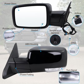 Lqito Left Driver Side Mirror Compatible With 2013-2018 Ram 1500 2500 3500 With Power Folding Power Glass Heated Temperature Sensors Turn Signal Puddle Lights Black Replace#68096197AF (10+2Pins)