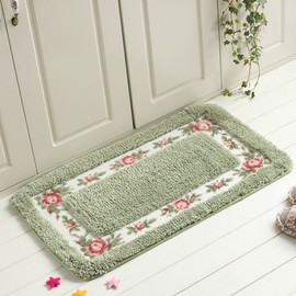 UKELER Non-Skid Floral Rose Bathroom Contour Rugs, Set of 2 Soft Shaggy Non Slip Bath Shower Mat and U-Shaped Toilet Floor Rugs, Green