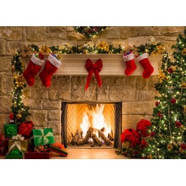 WANGRJ Christmas Fireplace Photography Backdrop Winter Xmas Tree Socks Gifts Fireplace Photo Background Holiday Family Party Decorations Supplies 7x5FT