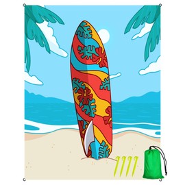 Oversized Sandproof Beach Blanket (106"x81"), Extra Large Beach Sheet for Up to 8 People. Sandfree Beach Mat, Big Sand Blankets for Beach with Sand Bags and Stakes. (Surfboard)