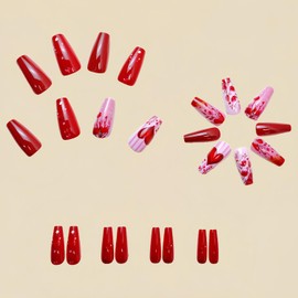 FIEONCIY Press on Nails Square Shaped Glossy Full Cover Acrylic Medium Length Square False Nails with Designs Artificial Short Coffin Fake Nails with Charms Glue ons Fingernails for Women Girls(Y511)