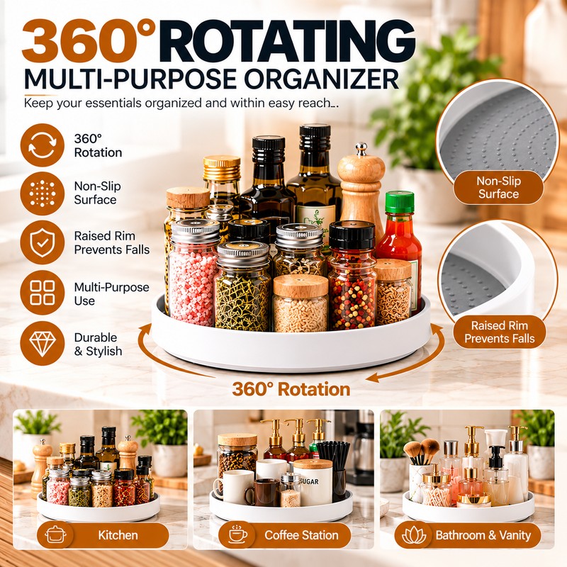 Lazy Susan Organizer, 360° Rotating Non-Slip Turntable with Raised Edge,