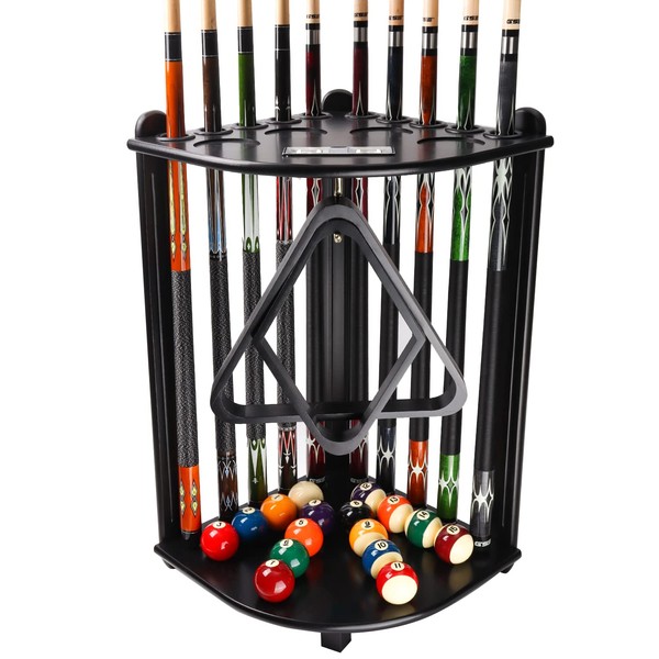 GSE Billiards Pool Stick Holder Only, Corner-Style Floor Stand Billiard Pool Cue Racks with Score Counters, Wood Billiard Cue Rack Holds 10 Cue Sticks 2 Ball Racks and a Full Set of Balls (Black)