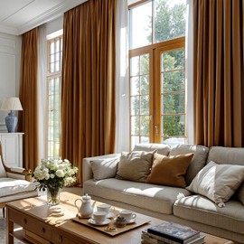 EMEMA Golden Brown Velvet Curtains 84 Inch Length 2 Panels Set Room Darkening Luxury Back Tab and Rod Pocket Thermal Insulated Drapes Window Curtains for Bedroom Living Room W40 x L84