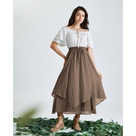 SCARLET DARKNESS Women's Renaissance Maxi Skirt High Waist Irregular Double Layer Medieval Skirt with Drawstring, light brown
