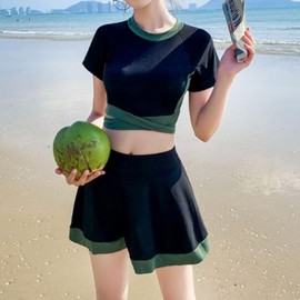 Summer Vacation Body Sculpting Swimwear: Color-Block Two-Piece Bikini, Cross One-Piece, Skirt, and Swim Shorts Knotted Mood Khaki M