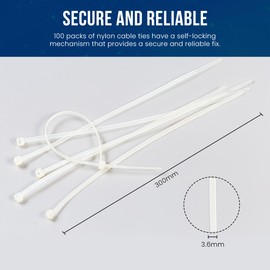Abacus Range White Cable Ties 3.6mm x 300mm, Pack of 100, Secure Self-Locking, 12” Heavy Duty Nylon Zip Ties, High Tensile Strength Premium Plastic Long Cable Tie for Home, Office