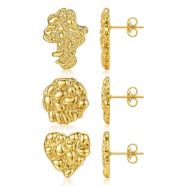 MUSECLOUD 3 Pairs 14K Gold Plated Nugget Earrings for Men Surgical Steel