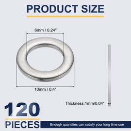sourcing map M6 Flat Washer for Screw, 120Pcs Metal Washers 6MM ID x 10MM OD x 1MM Thick