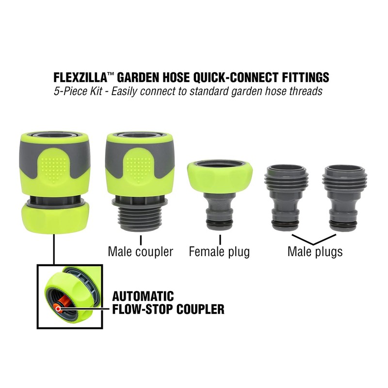 Flexzilla Garden Hose Quick-Connect Fittings, 5-Piece Coupler & Plug Kit