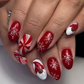 Christmas Press on Nails MABKJLF Medium Almond Fake Nails Santa Hat False Nails with Snowflake Designs Full Cover Glossy Glue on Nail Reusable Acrylic Nails for Women Girls 24Pcs