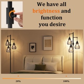Ziisee Dimmable Floor Lamp, 3 x 800LM LED Edison Bulbs Included, Farmhouse Industrial Floor Lamp Standing Tree Lamp with Elegant Cage Tall Lamps for Living Room Bedroom Office - Black