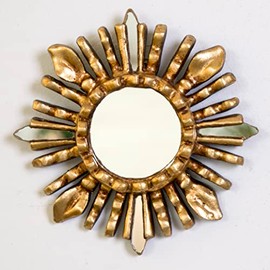 Decorative Small Round Wall Mirror 6in- Peruvian Accent Wood Gold Leaf sunburst Mirror for Wall room decor (Gold)