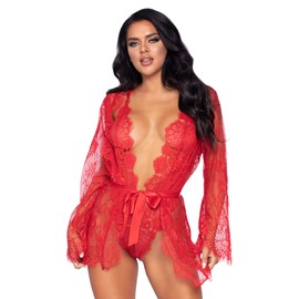LEG AVENUE Floral Lace Bodysuit & Lace Robe Medium (Red) 150g