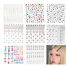 GeorgeX Gemas Faciales, 8 Hojas Pegatinas Diamantes de Imitación, Diamantes Autoadhesivas Brillos para Decorar, Maquillaje de Cara o Cabello para Día 
