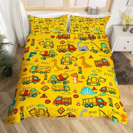 Dinosaur Bedding Duvet Cover Kids Cute Dino Construction Bedding Set Boys Girls Equipment Trucks Excavator Decor Comforter Cover Set Dinosaurs Machinery Cars Bedspread Cover Yellow Bedroom Queen Size