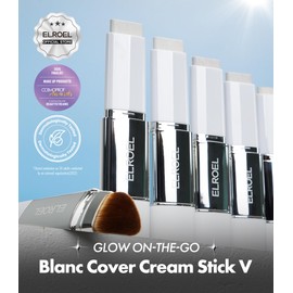 ELROEL Blanc Cover Cream Stick V White - Korean Color-Changing Foundation Stick with Volufiline - Medium to Full Coverage Dewy Finish Base Makeup - Dual-Ended with Detachable Brush (200 Fair)