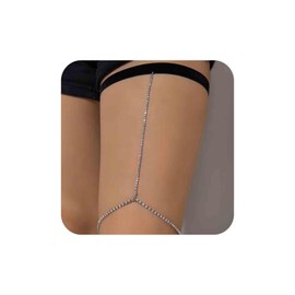 Aneneiceera Boho Crystal Leg Chain Silver Tennis Thigh Leg Chain Rhinestone Thigh Chain Elastic Leg Thigh Chain Punk CZ Body Chain Rave Bikini Thigh Body Jewellery, Zinc