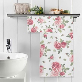 senya Flower Bath Towel Set, Pink Rose Flowers Floral Cotton Bath Towels Soft Highly Absorbent Fast Drying for Bathroom Gym Hotel Beach, 1 Bath Towel 1 Washcloth
