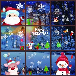 DOJoykey 222 Pieces Christmas Window Stickers, 8 Sheets Santa Claus Snowman Elk and Snow Flakes Window Clings for Christmas Window Decoration