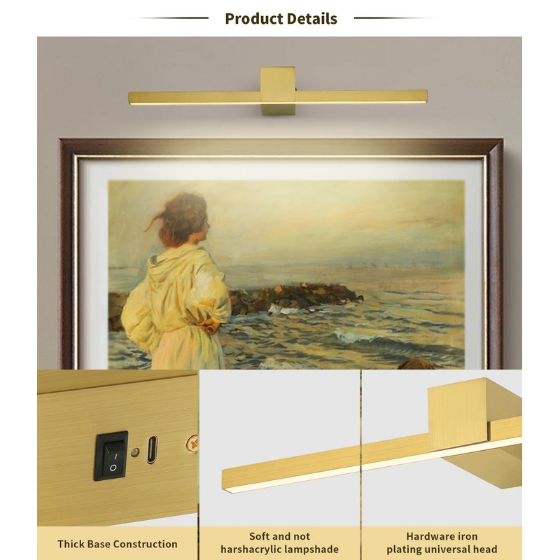 Pasoar Brass Battery Operated Picture Light with Remote,Wireless Gallery Lights