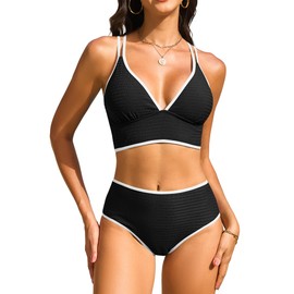 ZAFUL Women High Waisted Bikini Sets Tummy Control Two Piece Swimsuits Crisscross Back Textured 2025 Swim Bathing Suit, (Black, Large)