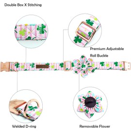 Lionheart Glory St. Patrick's Day Dog Collar with Flower-Lucky Clover Shamrock Dog Bow for Medium Dogs - Pink Spring Trefoil Dog Collar - Adjustable Heavy-Duty Pet Gift