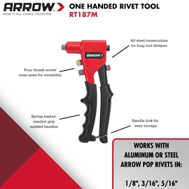 Arrow RT187M One-Handed Rivet Tool, Manual Riveter for Metal, Fabric, Leather, and Auto Repair, Uses 1/8-Inch, 3/16-Inch, 5/16-Inch Rivets