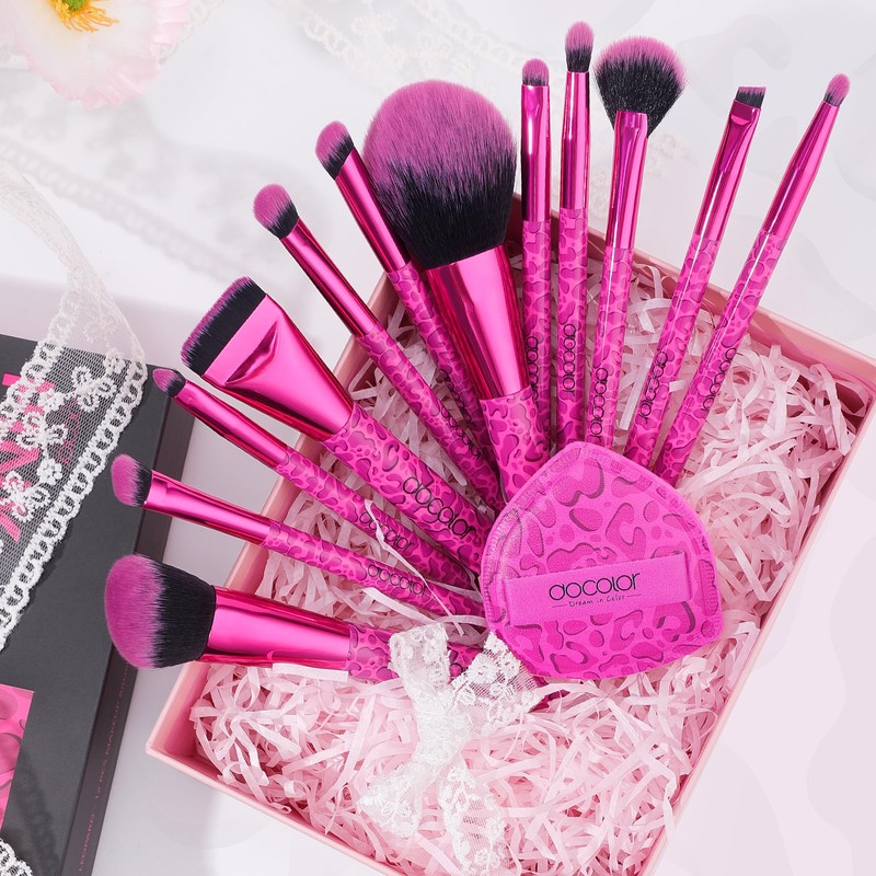 docolor Makeup Brushes 12PCS Pink Leopard Makeup Brush Set Premium