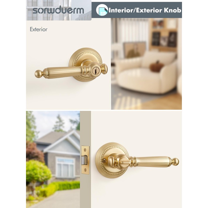 SORWDUERM 2 Pack Antique Door Lever with Lock and Key