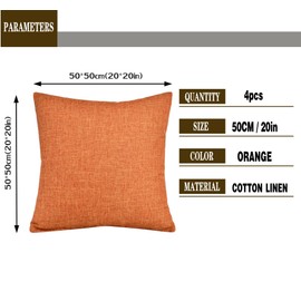 GONOVE Cushion Covers 50×50cm Solid Soft Cotton Linen Throw Pillow Cover Set of 4 Decorative Plain Pillowcase Square Cushion Cover for Home Sofa Bed Chair Décor, Orange