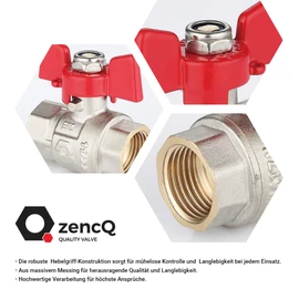 zencQ Ball Valve with Screw Connection 3/4 Inch FF, Ball Valve with Wing Handle, Ball Valve with Lever, Brass Connection with Internal Thread and Wing Handle for Industrial, Water Pumps (3/4 Inch)
