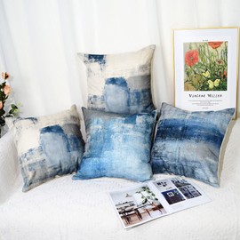 TIDWIACE Set of 4 Decorative Navy Blue Grey Cushion Covers 16x16 inches, Square Art Deco Modern Throw Pillow Cases for Outdoor Furniture Garden Bench Living Room Sofa Farmhouse Decor 40 x 40 cm