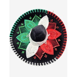 Mexican Mariachi Sombrero Hat, Traditional Charro Style, Black with Red White Green Embroidery