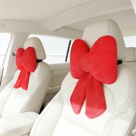 2 Pieces Plush Bow Car Headrest Neck Pillow Cute Bow Pillow for Car Seat Decor Soft Neck Support for Comfortable Driving Travel Office Fluffy Headrest Cushion Red