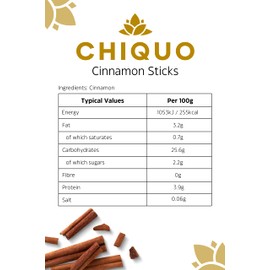 Chiquo Cinnamon Sticks 100g | Premium Whole Cassia Bark for Cooking and Baking | Aromatic Spice in Resealable Pack for Long-Lasting Flavour