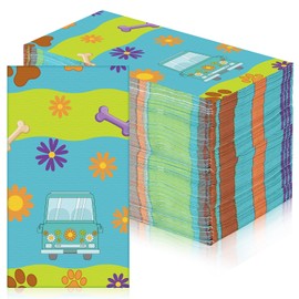 Marspark 100 Pcs Mysterious Car Hippie Paper Napkins Cartoon Dog Party Supplies Disposable Paw Daisy Flower Mystery Bus Cocktail Napkins for Themed Party Birthday Supplies(8 x 4 Inches)