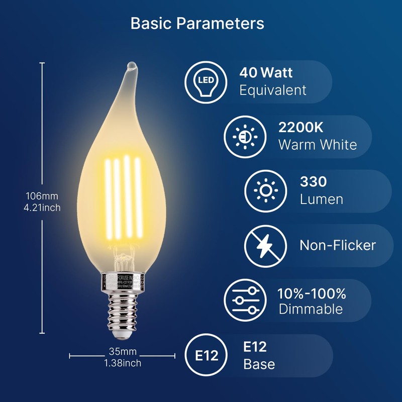 FLSNT CA11/E12 LED Chandelier Light Bulbs 40W Equivalent, Dimmable Candelabra