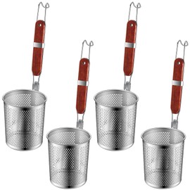 Tessco 4 Pcs Pasta Strainer, 4.7" x 5.2'' Stainless Steel Pasta Basket Mesh Cooker with Wood Handle, Spider Strainer Kitchen Skimmer for Food Dumpling Noodle Blanching(Dark Color)