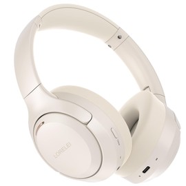LORELEI QC60 Hybrid Active Noise Cancenlling Headphones,Wireless over ear Bluetooth Headsets with mic, 60H Playtime Foldable Lightweight, Deep Bass, Memory Earmuffs,for Travel Home Office(Beige White)