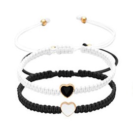 COLORFUL BLING 2Pcs Love Heart Bracelet Adjustable Thread String Protection Long Distance Matching Bracelet for His and Her Couples Friendships Relationship Jewelry-black white