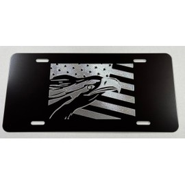 American Flag with Eagle Car Tag Diamond Etched on Black Aluminum License Plate
