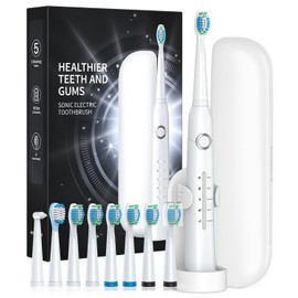 TEETHEORY Electric Toothbrush with Travel Case, Sonic Toothbrush for Adults with 8 Brush Heads for 2-Year Use, 40000 VPM Deep Clean Rechargeable Toothbrushes Last 30 Days with 5 Modes White