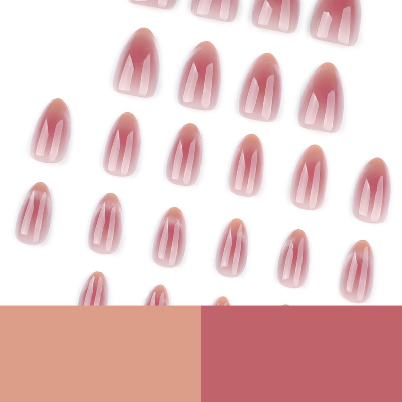 MouyouGlow Press on Nails Short, Almond Airbrushing Blush Red Glitter