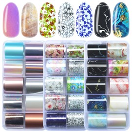 LoveOurHome 30 Sheet Flower Tranfer Nail Foils Sticker Decorations, Holographic Aurora Nail Tranfer Foil Stickers Marble Nails Stickers Decals Starry Sky Foil Sheet Gel Acrylic Nails Accessories